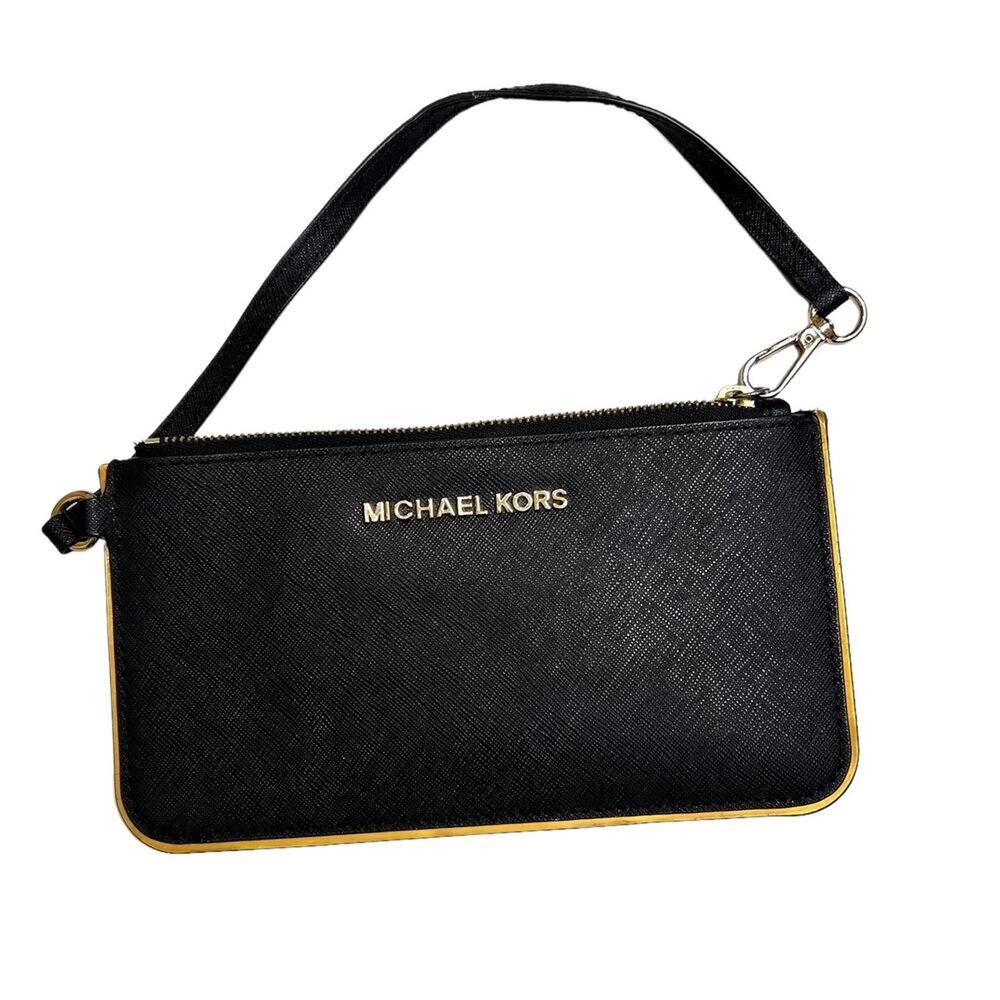 MICHAEL Kors Jet Set Black Gold Wristlet Clutch Evening Handbag EUC
